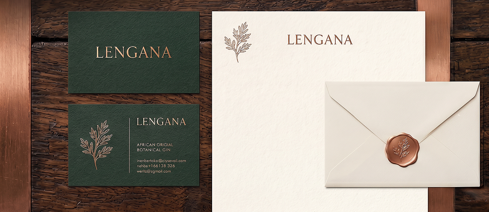Lengana business cards, letterhead and wax-sealed envelope