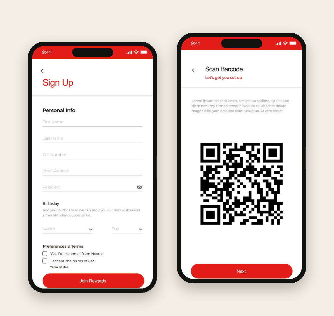 Sign up and barcode scanning screens