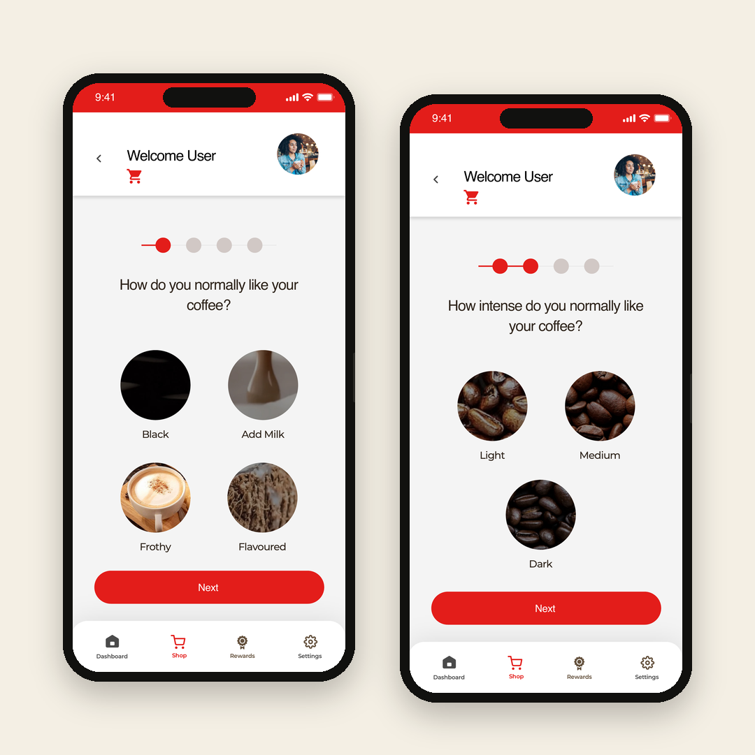 Coffee preference quiz screens