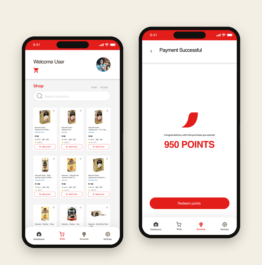 Shop and payment success screens