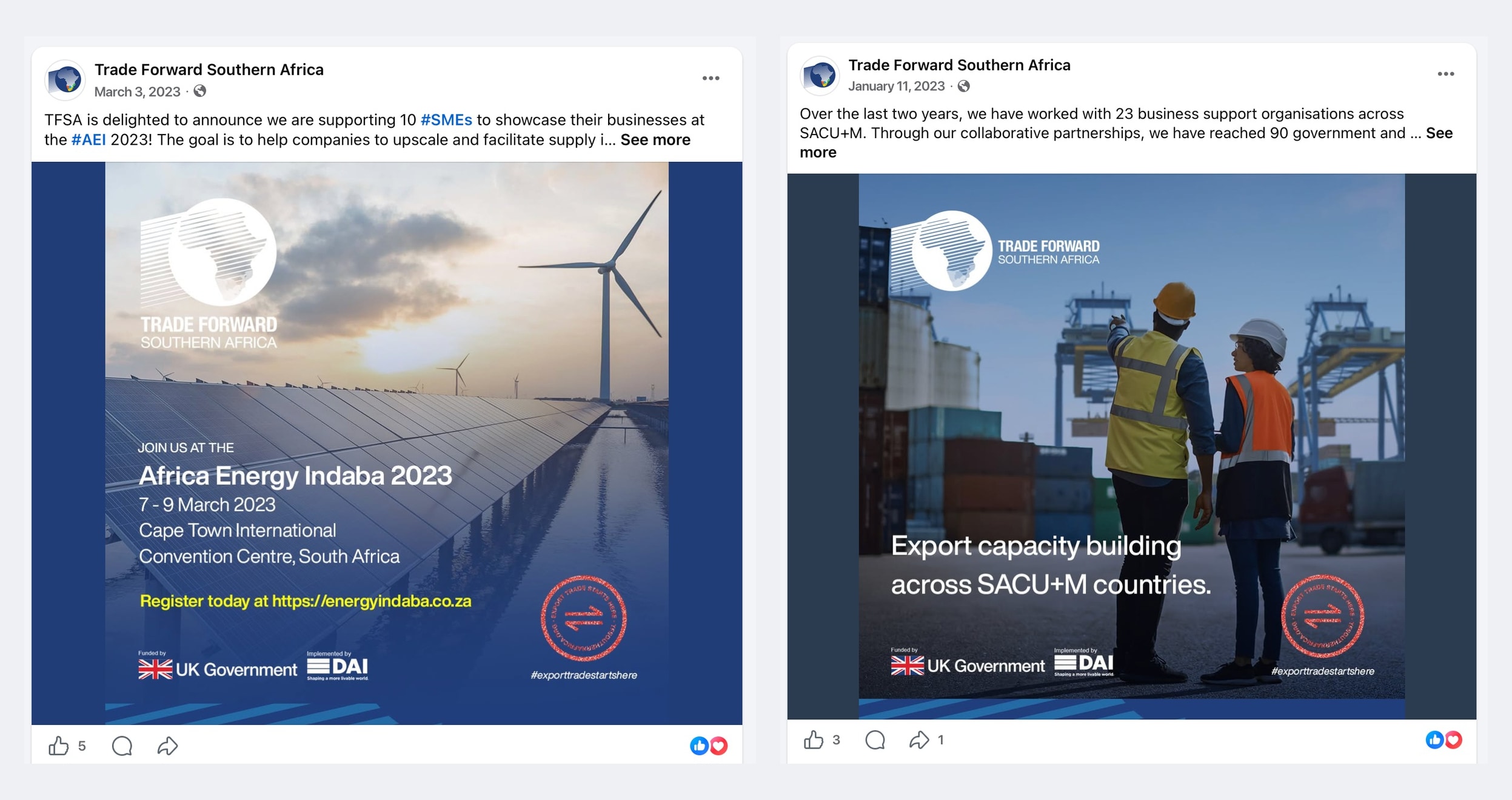 Two genuine Trade Forward Southern Africa Facebook campaign posts shown side by side