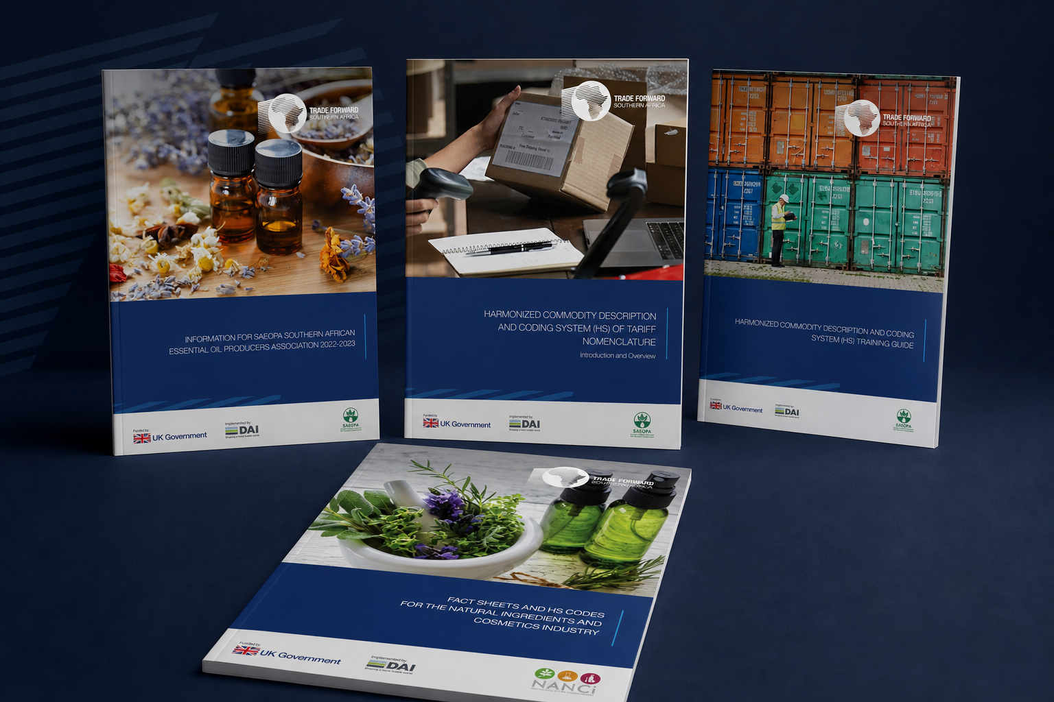 Four Trade Forward Southern Africa sector reports shown as printed publication mockups